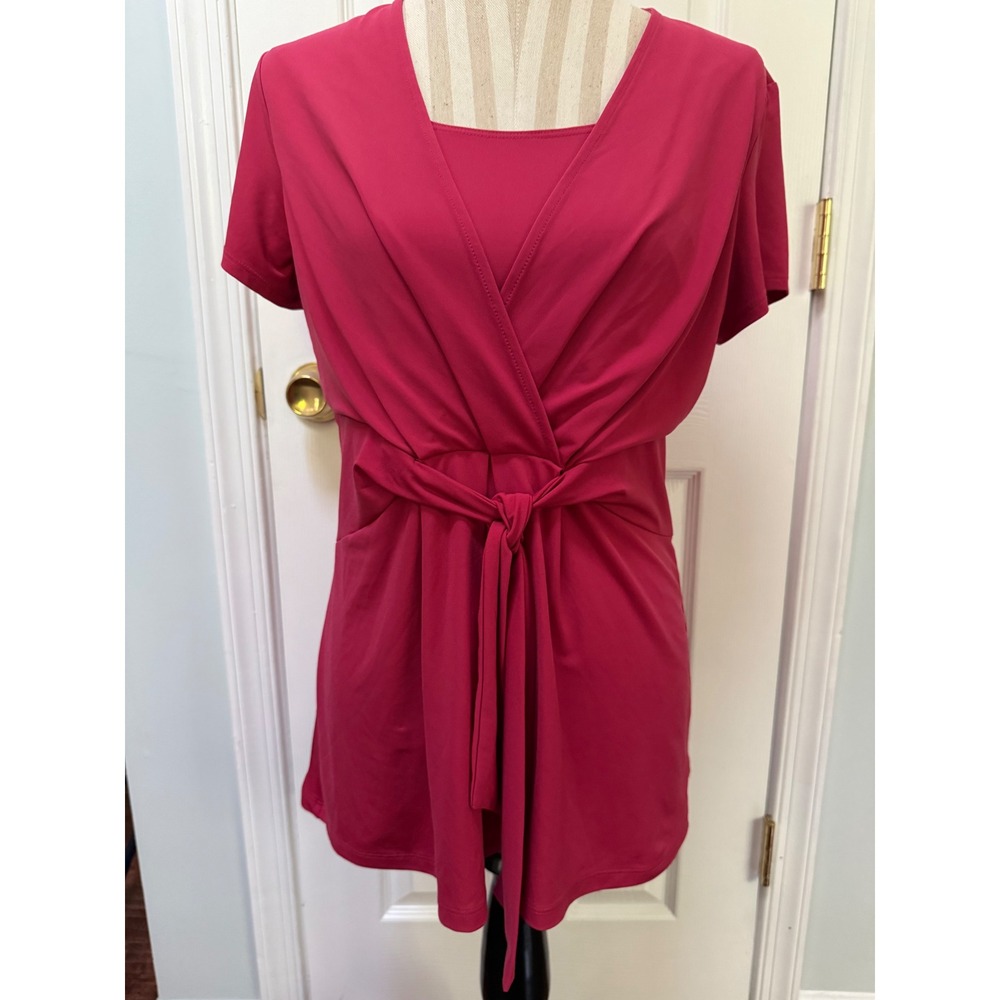 Alfani Pink Short Sleeve Faux Wrap Tie Waist Knit Top Women Size Medium